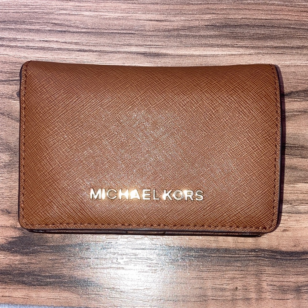 #8. Michael Kors - Tan Brown Saffiano Leather Card Wallet with Gold Logo